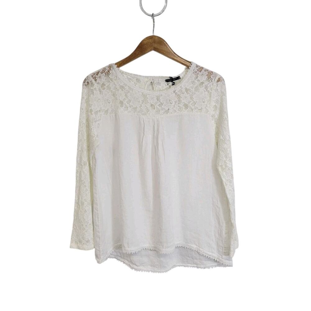 Lungo L’arno Italy White Linen Lace Sleeves & Neckline Blouse Size Small NWT